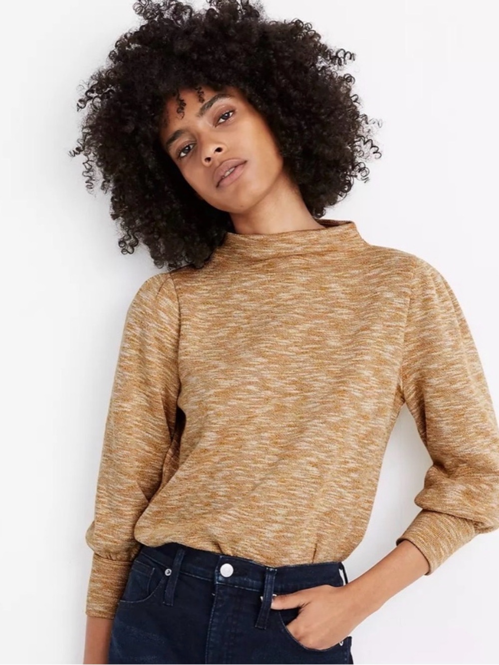 Madewell Mustard Marled Puff Sleeve Sweater Large Autumn Fall Cozy